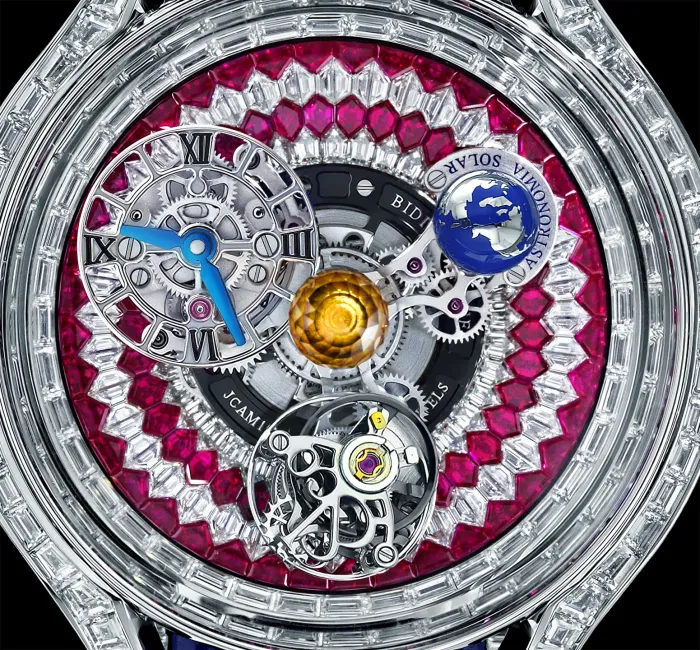 Powering the Jacob & Co. Mystery Tourbillon Ruby timepiece is the JCAM32  caliber that features a world's first, two triple-axis flying…