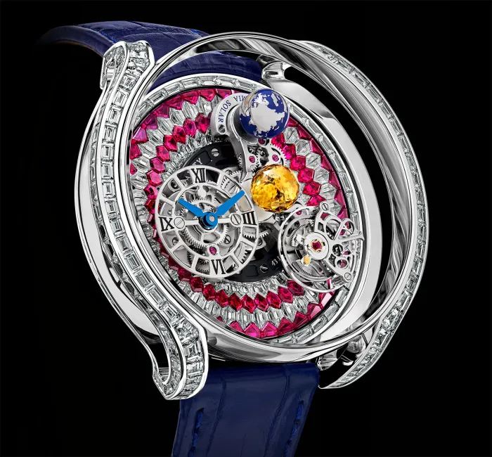 Powering the Jacob & Co. Mystery Tourbillon Ruby timepiece is the JCAM32  caliber that features a world's first, two triple-axis flying…