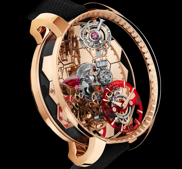 a watch with a red and black design