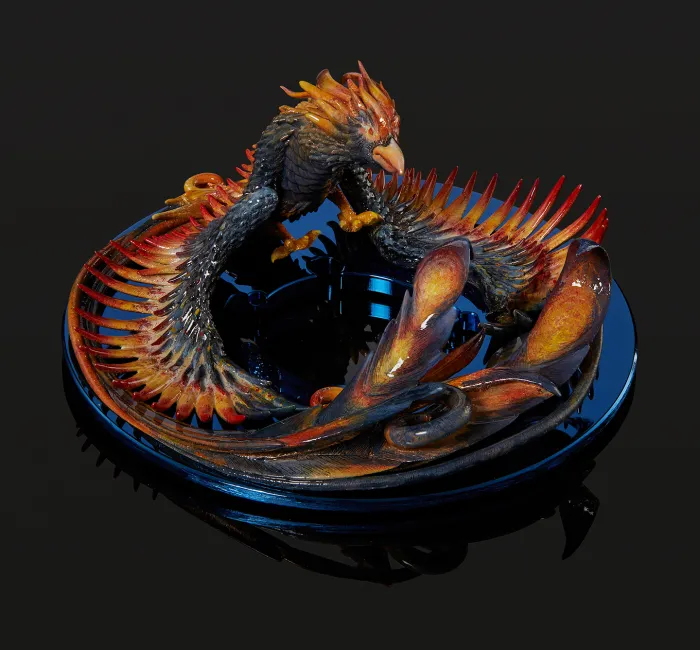 a bird sitting on a bowl of fire