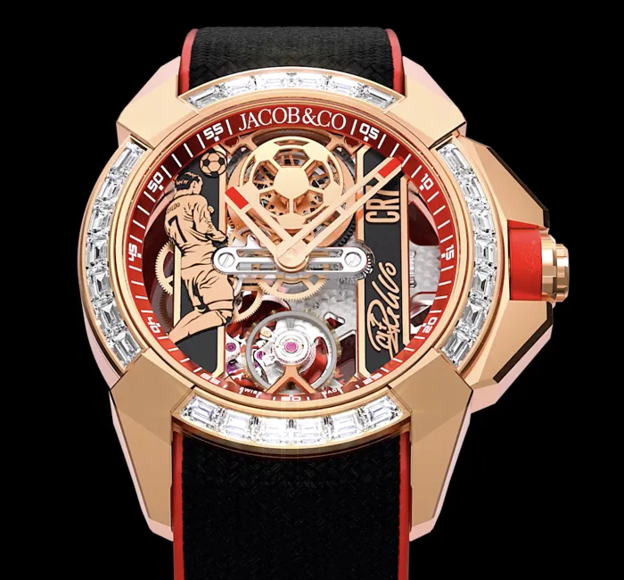 a watch with a red and white design