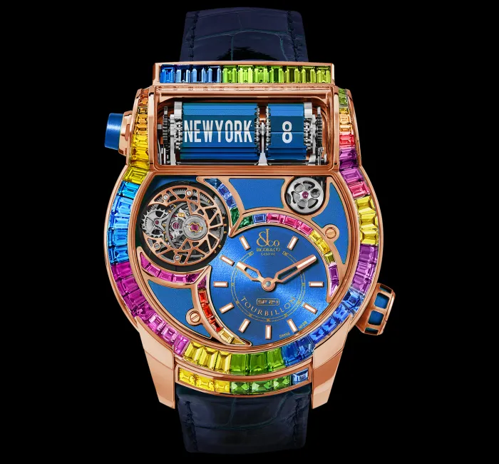 a watch with a blue and gold band
