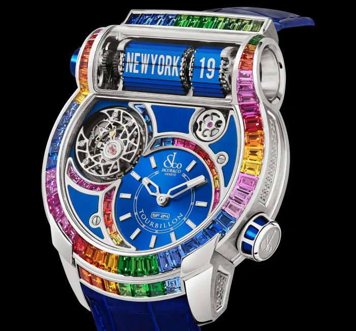 a watch with a blue and white face