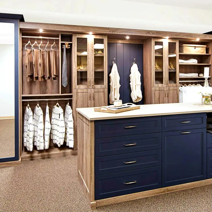 a bathroom with a large blue cabinet