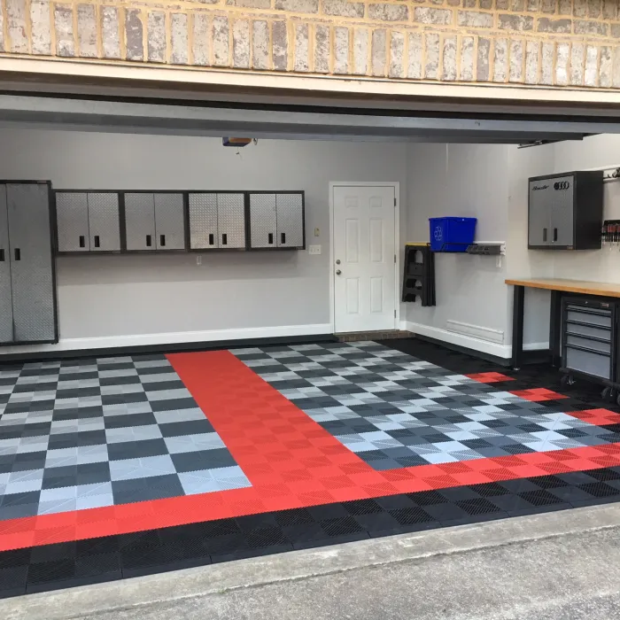 a garage with a checkered floor