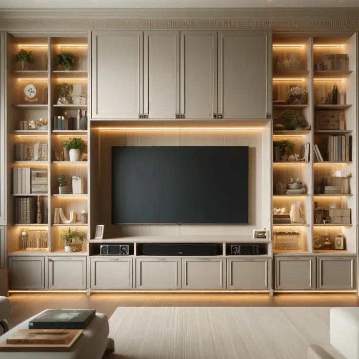 a living room with white cabinets