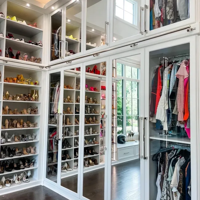custom closet, dream closet, shoe closet, shelves, mirrors, doors, hanging clothing, lighting