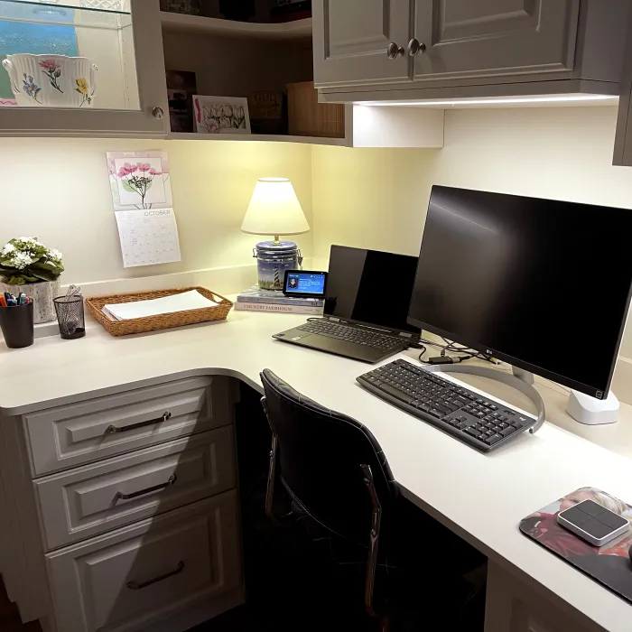 a desk with a computer and a laptop on it