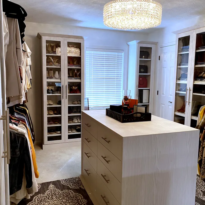 a room with a desk and shelves