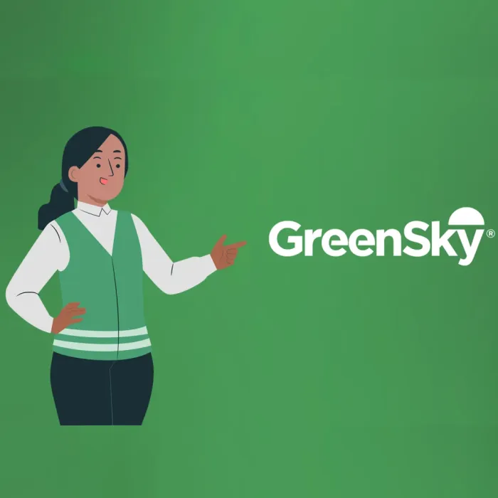 Illustration of a woman in green vest pointing to the GreenSky logo on a green background.