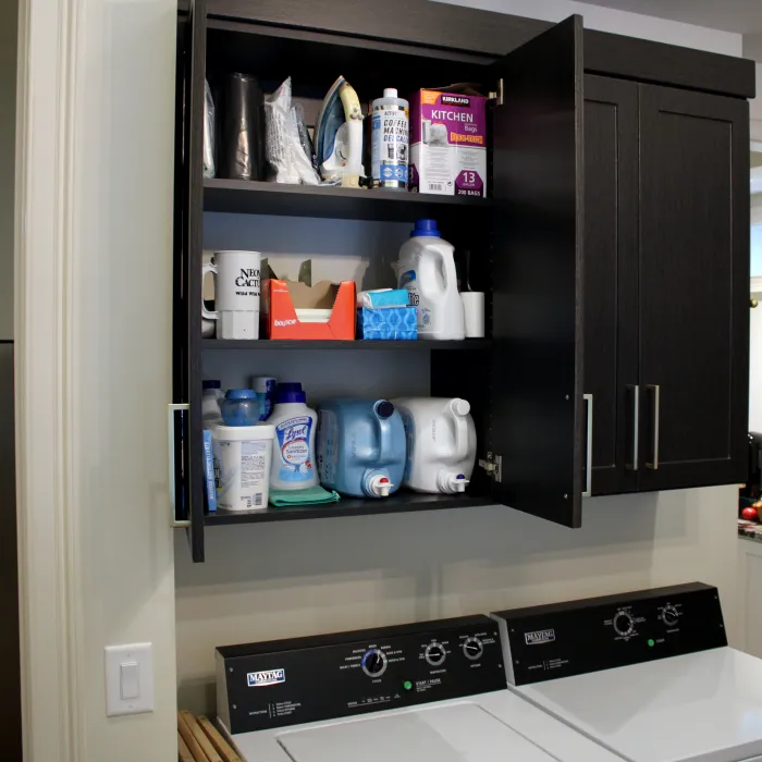 a laundry room featuring black cabinets with storage for laundry supplies