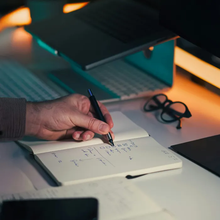Person writing a checklist in a notebook at a desk with a laptop, smartphone, and glasses in a dimly lit workspace.