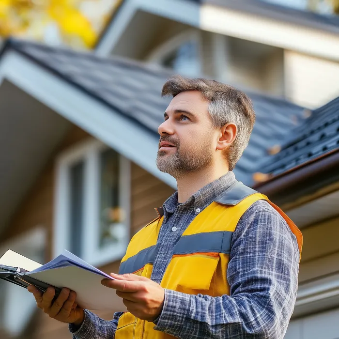 Man in a yellow safety vest holding a clipboard inspecting a house exterior under autumn trees with yellow leaves