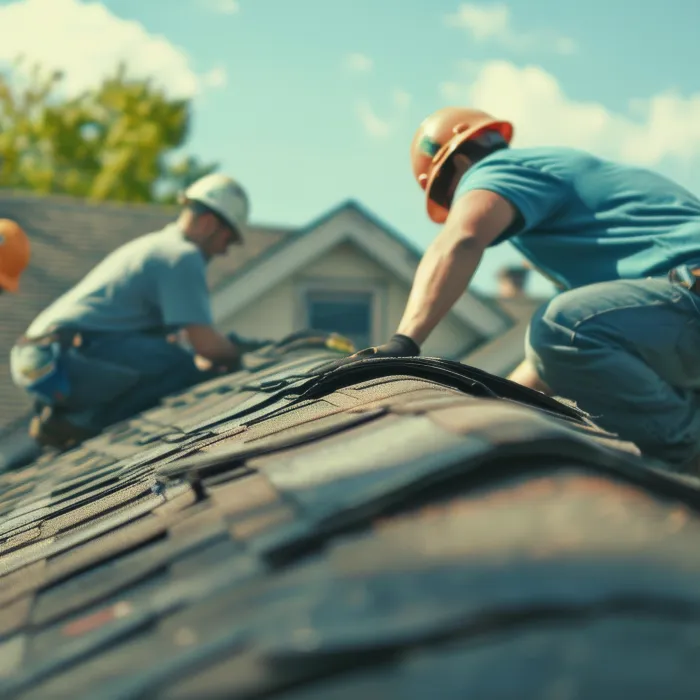 Construction workers wearing helmets repairing a residential roof under clear sunny sky.
