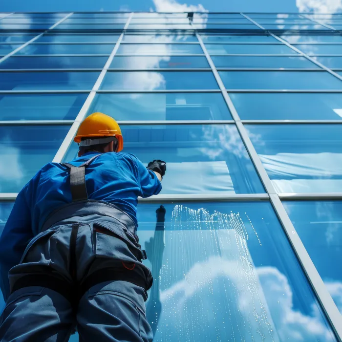 a man wearing a safety helmet and goggles working on a large glass structure