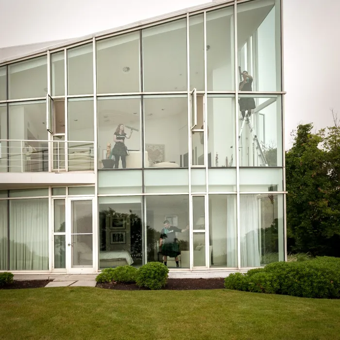 a building with a large glass front