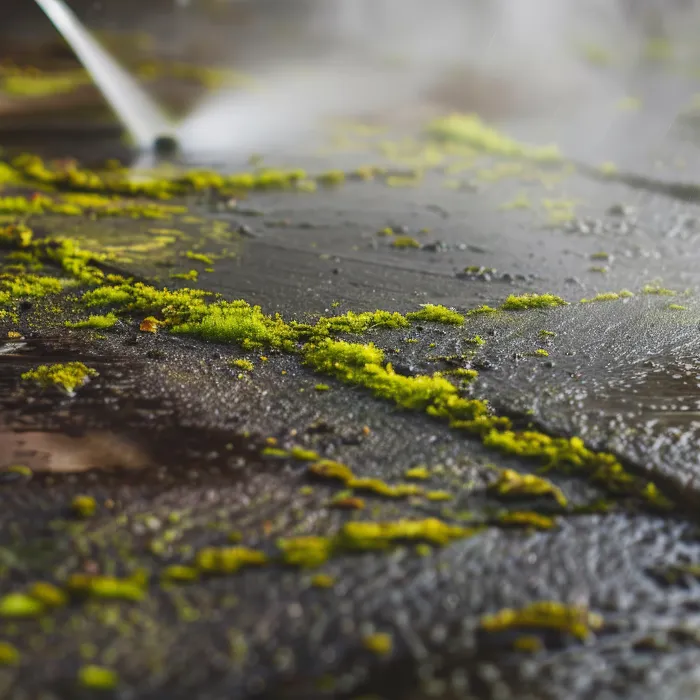 a puddle of water with leaves on the ground