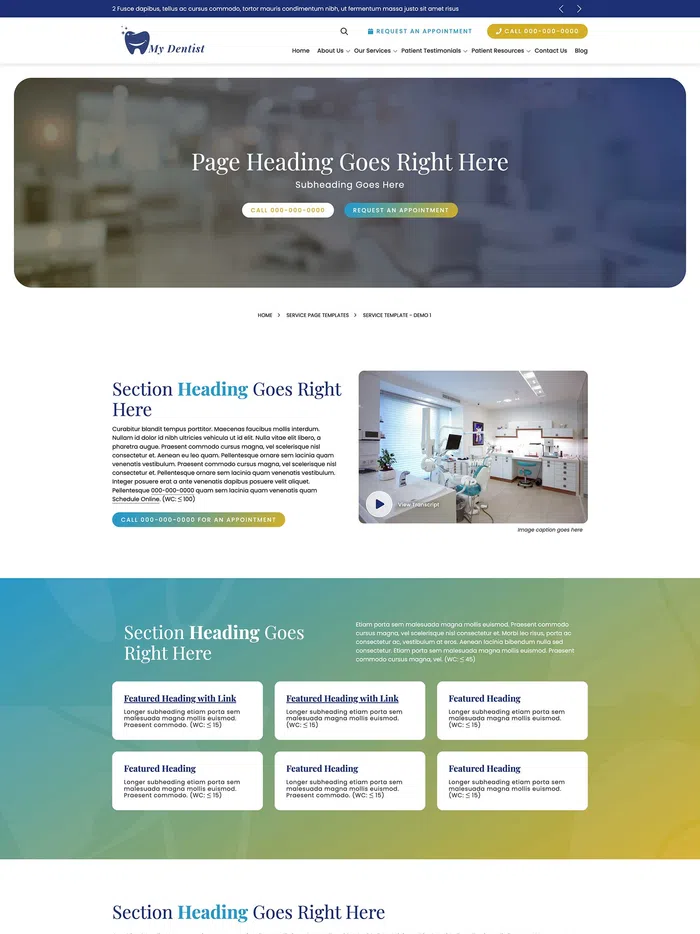 Dental clinic website template with appointment buttons, patient testimonials, service sections, and contact info