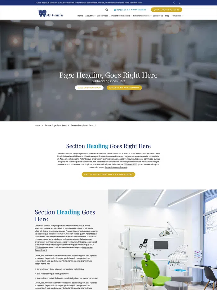 Modern dental clinic website layout with images of dental chairs, service sections, patient testimonials, and contact info.