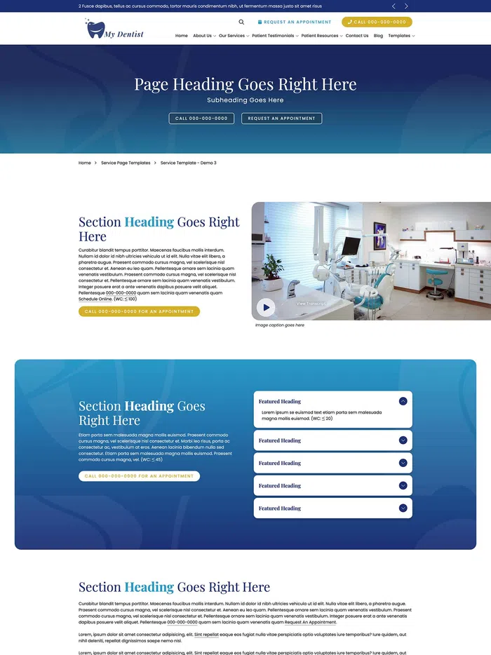 Dental clinic website template with appointment call-to-action and patient testimonials on blue gradient background