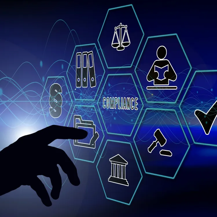 Hand silhouette interacting with digital hexagons showing compliance icons including scales, files, courthouse, and checkmark.iance