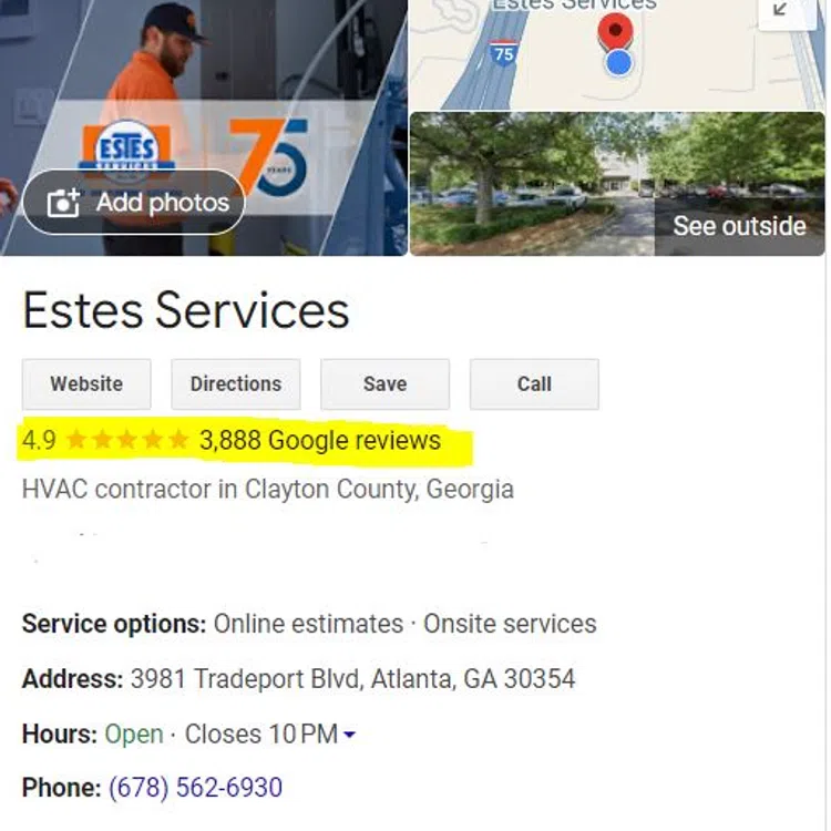 Estes Services HVAC contractor in Clayton County Georgia with 4.9 star rating and 3,888 Google reviews shown