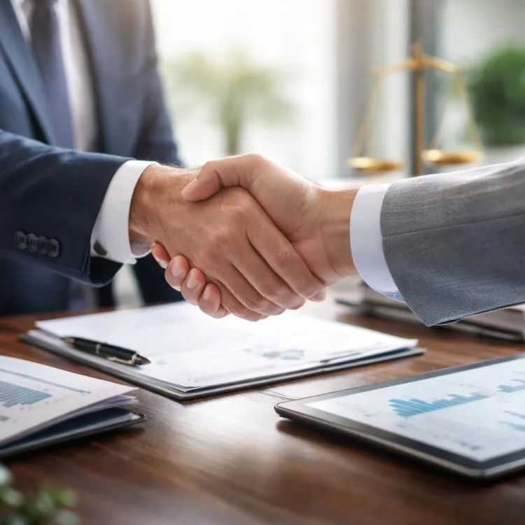 Two business professionals shaking hands over a desk with financial reports and tablet screens.