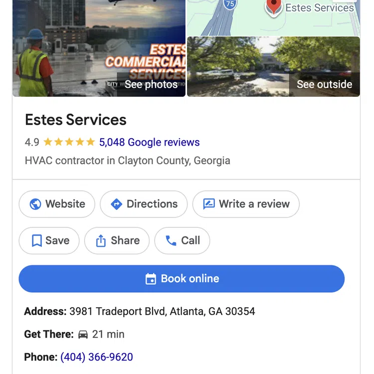Estes Services HVAC contractor listing with reviews, contact info, location map, and booking options in Atlanta Georgia