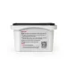 White plastic container with black lid showing detailed application instructions and QR code on the back label.