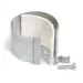 Metal pipe insulation clamp with white padding, mounting bracket, and screw on a white background.