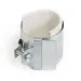 Metal band heater with insulation, designed to wrap and heat cylindrical objects, secured by screw clamp.