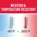 Weather and temperature resistant from -40°F to 300°F with blue and red thermometers on wet background.