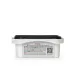 White rectangular container with black lid showing instructions and QR code on label for application and storage.