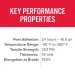 Key performance properties with peel adhesion, temperature range, tensile strength, thickness, and elongation details.