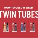 J-B Weld twin tubes displayed on a red background, showcasing product types and usage instructions.