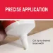 Close-up of a white tube applying precise bead of adhesive on surface with text about cutting tip size.