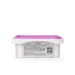 White container with purple lid showing detailed usage instructions and QR code on the back label.