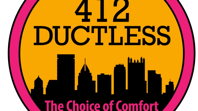 Orange circular logo with pink border featuring Pittsburgh skyline and text 412 Ductless The Choice of Comfort
