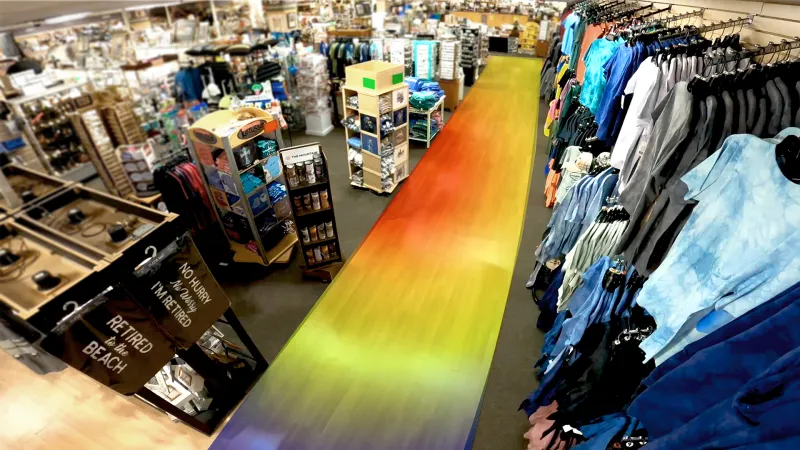 a long wooden table in a store