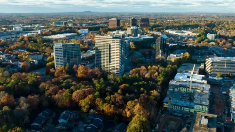 a city with many trees and buildings