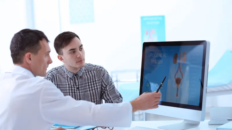 a man showing another man something on the computer