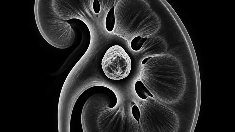 Black and white medical scan showing kidney cross-section with a large kidney stone in the center.