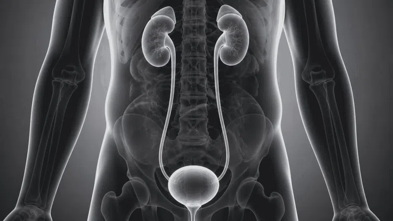 X-ray image showing human urinary system including kidneys, ureters, bladder, and surrounding skeletal structure.