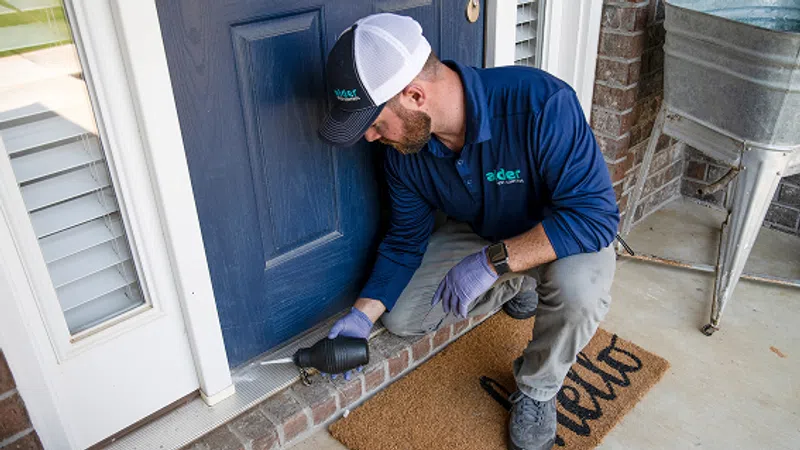 Technician in uniform inspecting a door's threshold for pests at a home's entrance with gloves and tools.
