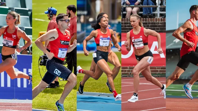 five olympic-hopeful athletes running on a track