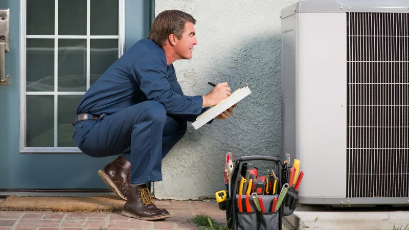 HVAC technician inspecting air conditioning unit with tools nearby, jotting down notes.
