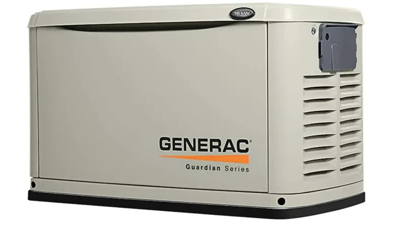Generac Guardian Series standby home generator in beige with ventilation and power outlet cover