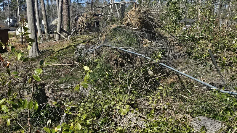 Uprooted tree and damaged chain-link fence in a wooded backyard area on a clear day.
