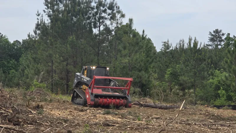 Tracked forestry mulcher clearing brush and debris in a forested area with pine trees in the background