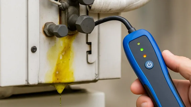 Person using leak detector device near rusty pipe with yellow liquid dripping from an air conditioning unit.